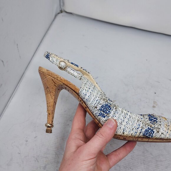CHANEL Tweed Interlocking CC Logo Blue White Slingback Pump - Picture 4 of 13